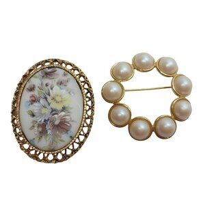 Vintage Gold-Tone Floral Filligree Brooch & Faux Pearl Circle Pin Set